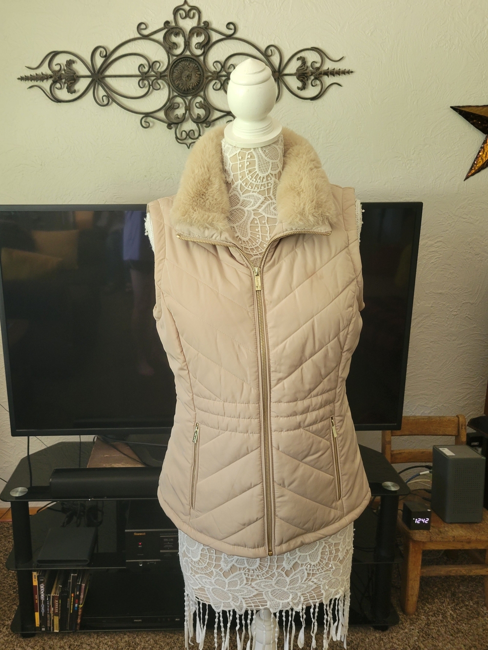 Calvin Klein Light Beige Quilted Vest with Faux Fur Collar